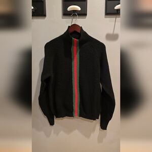 Black High Neck Long Sleeve Sweater with Green and Red Stripe